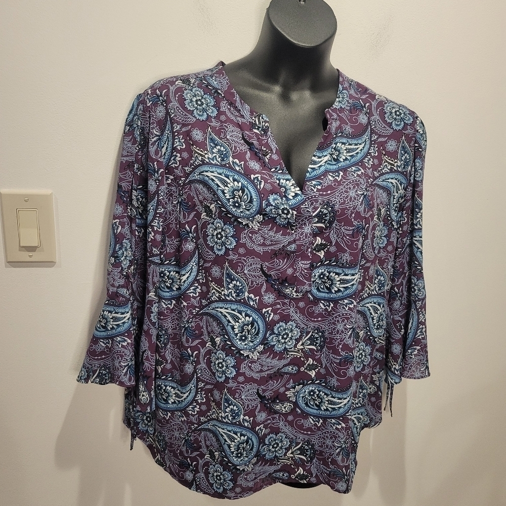 41 Hawthron Size 2x Purple Boho Print Long Flare Sleeves Top